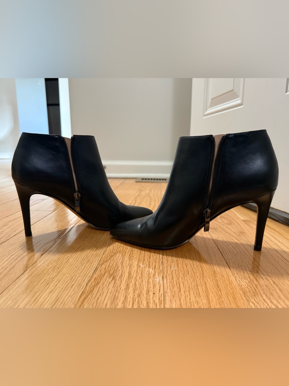 Franco Sarto Black Leather Pointed Ankle Booties with Side Zip